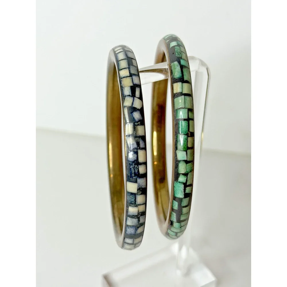 Mosaic Inlay Stone Tile Bangle Bracelet Pair Brass Tone Green Cream Southwestern